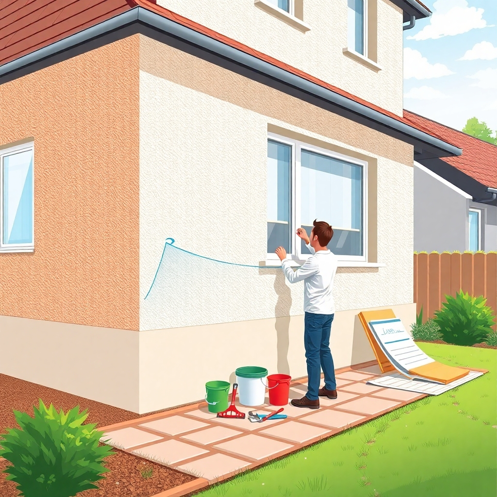 A detailed modern flat vector illustration showing a full outdoor scene of a house exterior where a homeowner is inspecting and repairing façade insulation. The environment features a realistic building exterior with visible walls, textured façade surfaces, a sturdy base plinth, and surrounding outdoor elements such as a small garden strip, paving stones, tools, buckets, and insulation materials placed naturally on the ground. The person is examining cracks, moisture spots, or bulges on the wall while preparing gentle, practical repairs—applying filler, checking thermal bridges, or assessing waterproofing around a terrace or balcony. The scene clearly communicates maintenance, diagnosis, and careful restoration of exterior insulation.  Include a complete environment: the sky above, ground below, plants or shrubs near the façade, and architectural details like windows, gutters, and shading elements. The composition should feel realistic and practical, showing how outdoor insulation works hard against rain, frost, UV, and temperature changes, and how small issues can be fixed with the right steps. Subtle visual metaphors—like soft glowing lines indicating heat loss or gentle blue tones suggesting moisture—can appear integrated into the environment without becoming abstract.  Style: modern flat vector illustration, editorial illustration style, smooth shapes, soft gradients, slight depth, clean design. Color palette: natural outdoor tones—warm neutrals, muted greens, earthy browns, soft greys, and gentle blues. High detail, crisp edges, visually clear storytelling.  CRITICAL: full scene composition with a complete environment. The background must be part of the scene with clearly visible environment elements such as sky, ground, and architectural surroundings. The image must be fully filled edge‑to‑edge. Absolutely no white background anywhere in the image. No blank or empty areas. No isolated objects. No floating composition. No transparent background. The background is not a studio backdrop, it is a real environment.  No text, no watermark.