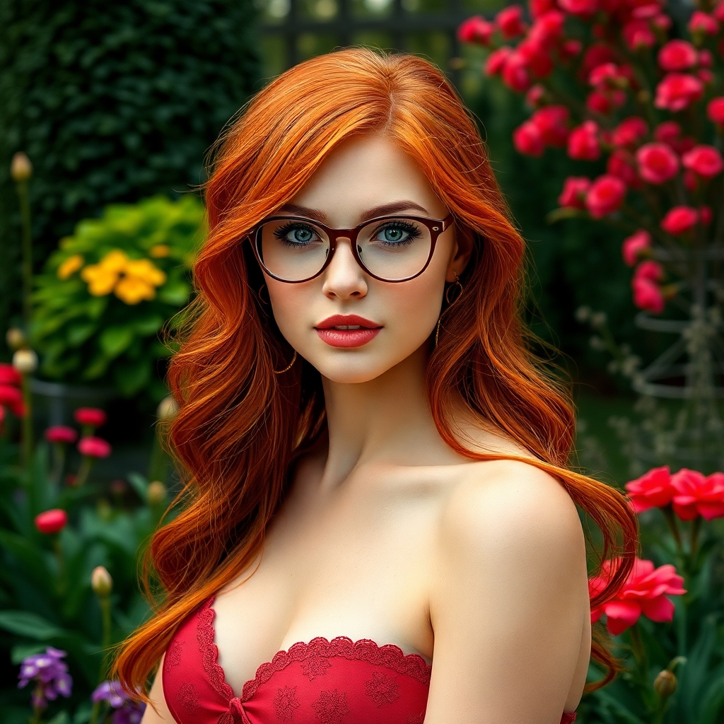 incredible photorealism, super pretty redhead woman, glasses, sexy busty figure, posing in a fancy garden, highly detailed facial features, 64k, sharp focus, full body shot