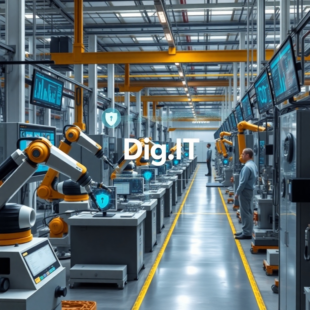 A realistic modern industrial factory undergoing digital transformation. Robotic arms operate alongside human workers. High-tech control panels and screens display data analytics and machine learning visualizations. Digital data streams flow between industrial machines, representing automated document and file exchange. Subtle elements of cybersecurity, like shield icons or digital locks, appear near control systems. The environment is clean, advanced, and efficient. Prominently visible in the scene is the word "Dig.IT" displayed on a digital screen or projected holographically. No other text in the image. Photorealistic style.