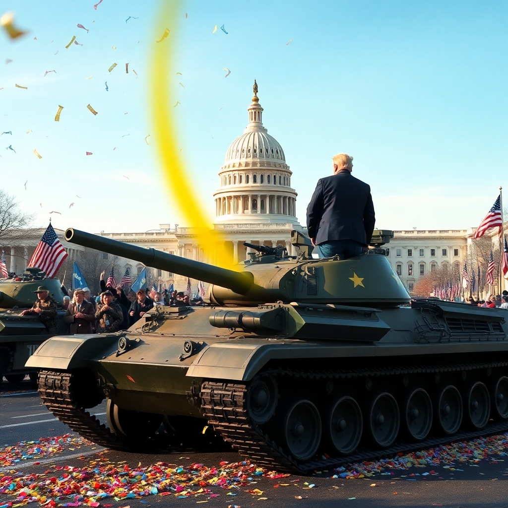 Tank and soldiers parading in front of Capital.  Trump is standing on the tank.  We see him from behind but his head is turned and we see his face.  He is laughing.  He is Peeing on poor people on the ground below. We see the yellow arc raining down on the people. There is confetti