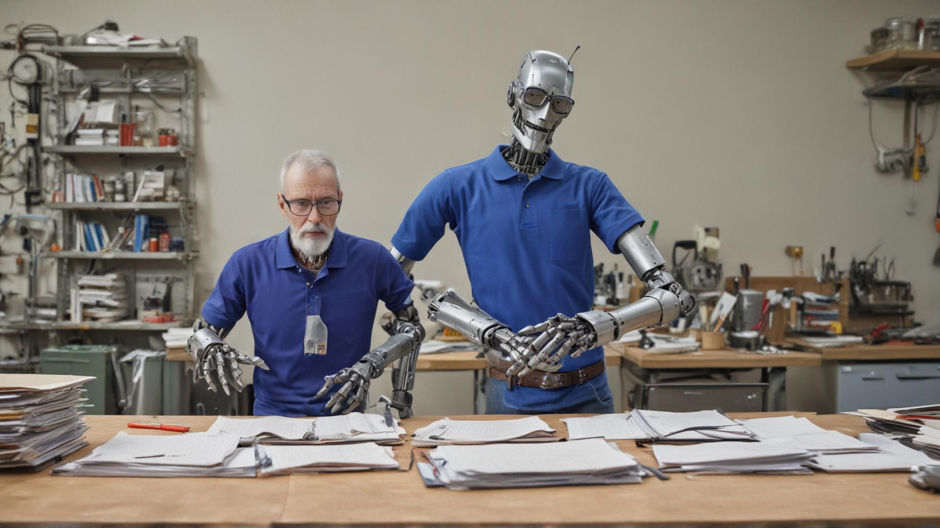 A metal robot with a thin, partially grey beard and eyeglasses, wearing a blue polo shirt, stands facing forward at a cook's chopping table. On the robot's right is a taller pile of bound notebooks, and on the left is a smaller, neatly stacked pile of paper. The robot holds a multi-function knife, similar to a Swiss Army knife or Leatherman multi-tool, in its left hand and a binder from the notebook pile in its right hand. The robot's hands are blurred, indicating rapid movement as it swiftly reduces the binders into simple paper.