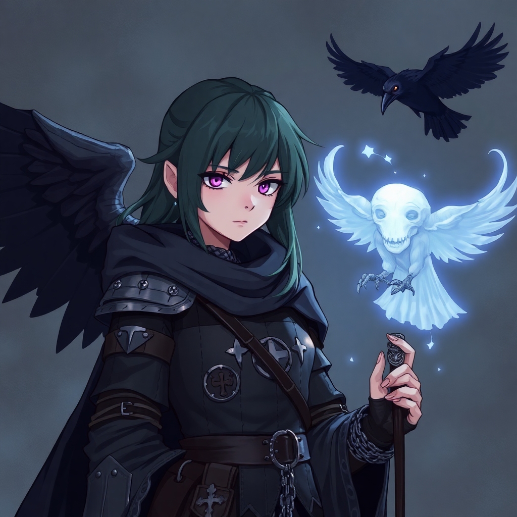A 5E dnd character who is a half-elf cleric and warlock sworn to the mother of shadows. She wears chainmail, is slightly androgynous, and has a ghostly raven familiar.
