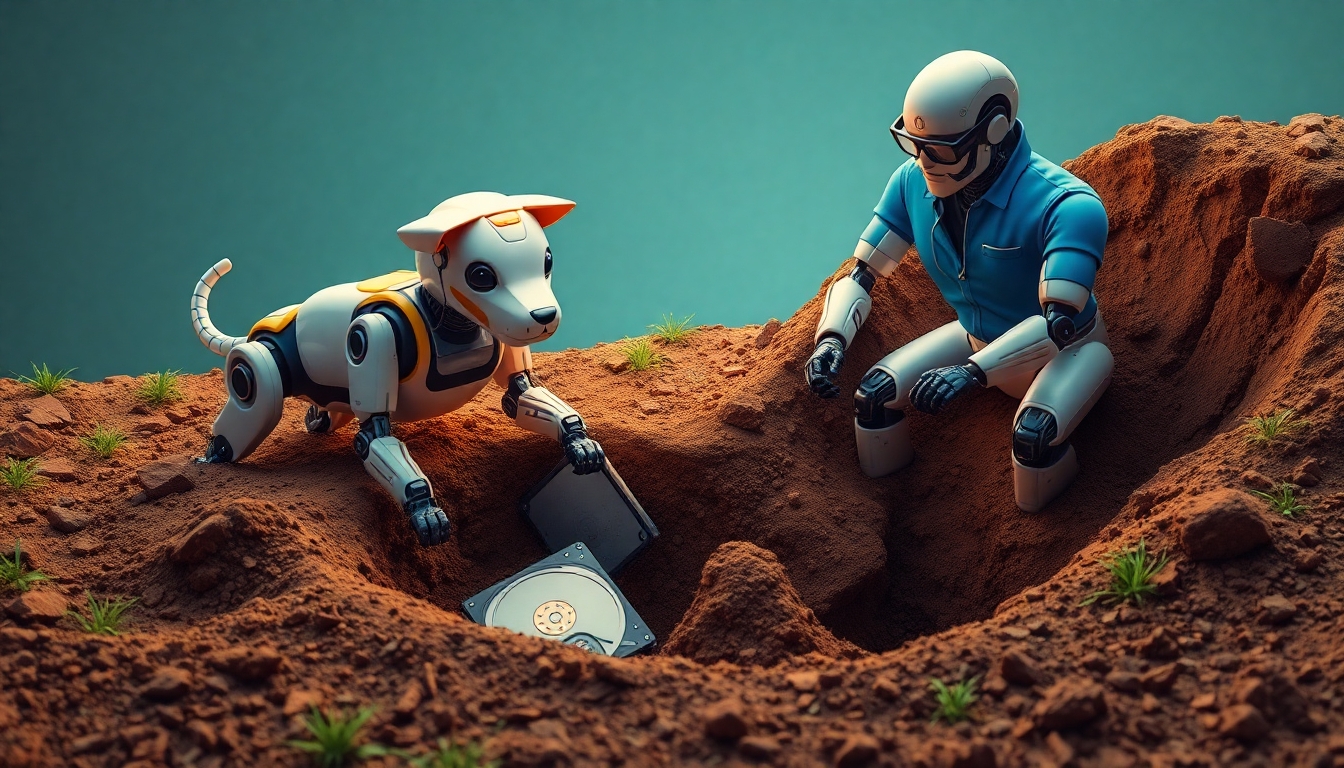 A robotic dog is digging a very deep hole to bury a computer hard drive while a robot wearing a blue polo shirt and glasses is digging a deeper hole in the ground to fill in the hole the robotic dog is making.