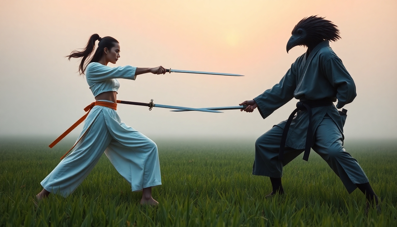Two duellists each facing the other, legs planted in a firm stance, side view to camera, pointing a japanese katana sword at the othera, in a misty rice field at dawn. One duellist is a fierce, beautiful young female with indonesian looks, wearing white shalwar trousers and a cropped white top. The second duellist  is a humanoid crow man wearing a black karate gi