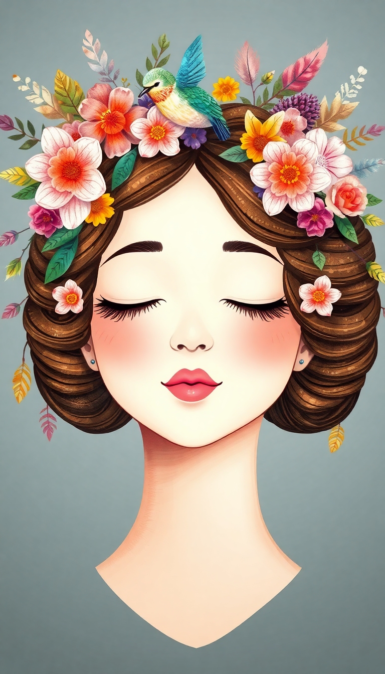 Whimsical boho-style illustration of a serene woman with closed eyes, her hair styled in elegant cinnamon rolls, adorned with blooming flowers, colorful leaves, feathers, and a delicate hummingbird. Soft pastel colors, hand-drawn lines, and a light watercolor effect. Feminine, dreamy, and artistic, with floral and nature-inspired details surrounding the head like a crown.