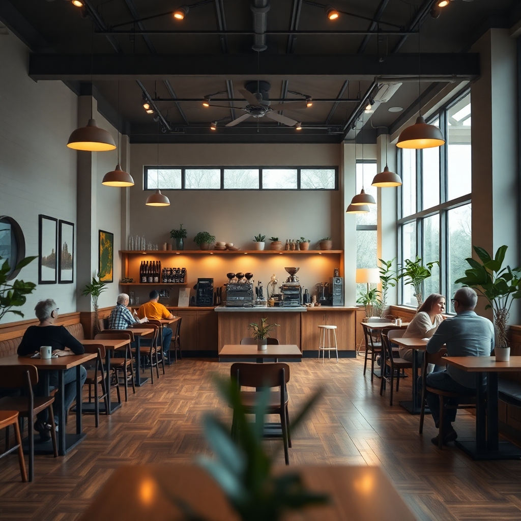 A cozy, modern cafe interior, viewed from a corner seat, looking toward the counter and kitchen area. The cafe is spacious, about 80 square meters, with an open central area completely empty of furniture. Around the perimeter, six people are seated sparsely at various tables, engaged in quiet activities like reading or sipping coffee. Warm ambient lighting from pendant lamps and soft daylight through large windows create a calm and inviting atmosphere. The cafe features wooden flooring, minimalistic decor in earthy tones, potted plants in corners, and a clean counter with an espresso machine and baked goods. Use a slight depth of field effect, foreground slightly blurred, focus on the counter and the staff behind it. Ultra realistic, cinematic lighting, high detail, 4K quality.