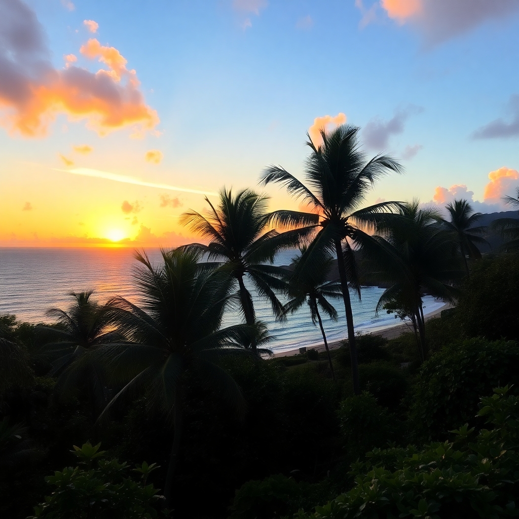 tropical setting with a beautiful sunset luscious trees and vegetation overlooking an ocean