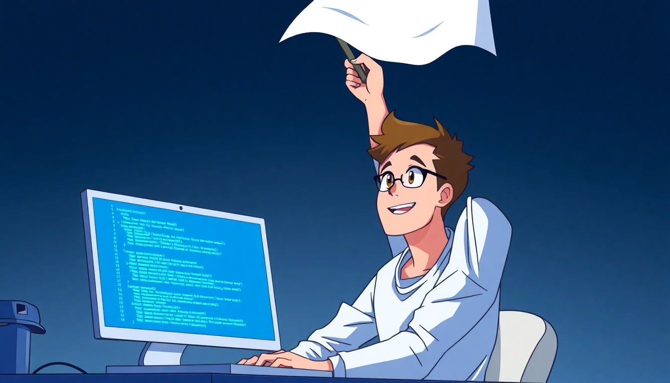 A Software-Developer sitting in front of his laptop. The laptop display shows code lines on it. The developer is raising a white flag above his head..