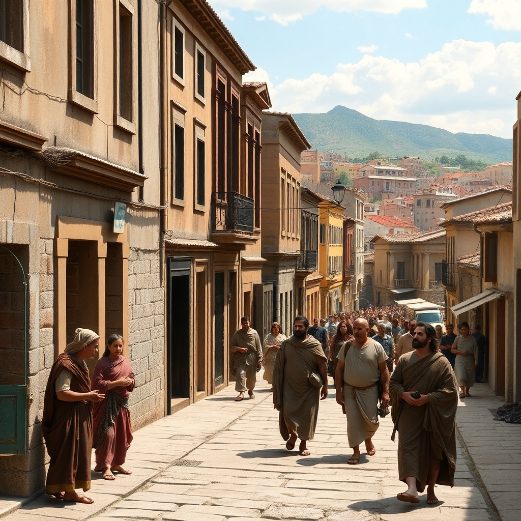 A realistic picture of the  Ancient Greece town of Athens in 815 BC.  A long view of the city as if walking down the middle of ancient  Athens in 815 BC with buildings on both sides of the street as the town gets smaller in the distance with people in ancient Greece time period clothes of 815 BC on the street living everyday life.