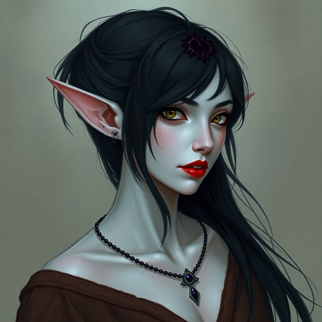 A pale-skinned female elf with red lips and black hair. She has been cursed with undeath and longs to have children.