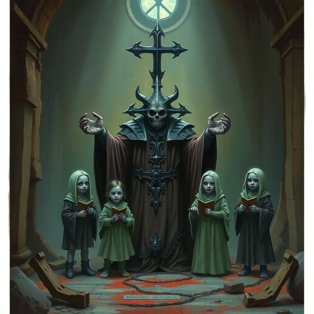 A mutant Choir Master and four mutated choir children in a ruined chapel in the city of Mordheim