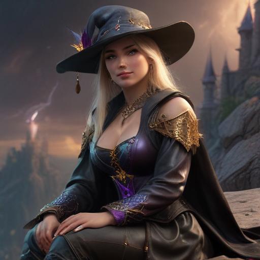 a beautiful and powerful mysterious sorceress, smile, sitting on a rock, lightning magic, hat, detailed leather clothing with gemstones, dress, castle background, digital art, hyperrealistic, fantasy, dark art, artstation, highly detailed, sharp focus, sci-fi, dystopian, iridescent gold, studio lighting