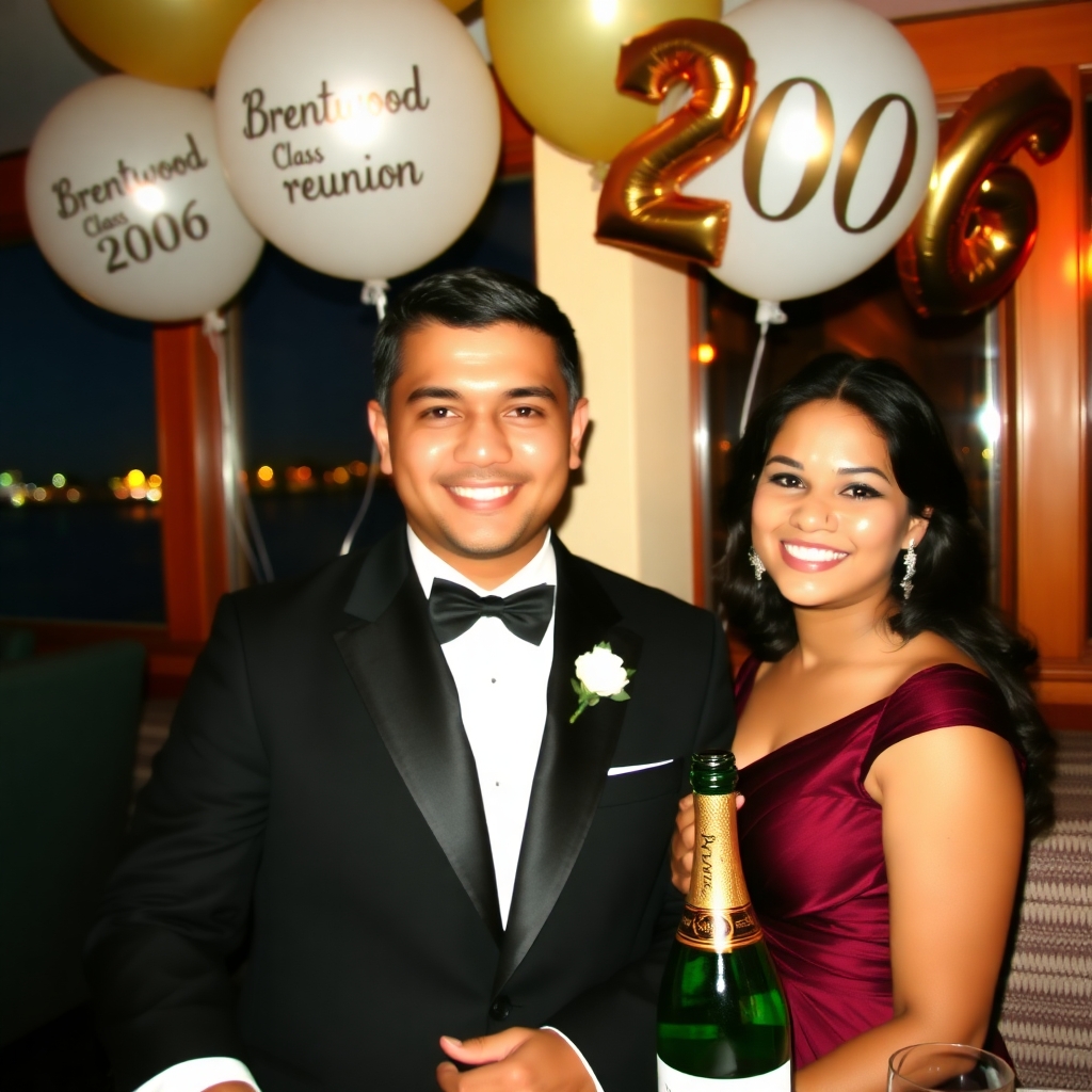 Hispanic male short faded hair, tuxedo, desi female, evening dress 2006 high school reunion at Captain Bill's restaurant by the bay. balloons say "Brentwood Class reunion 2006", champagne bottle