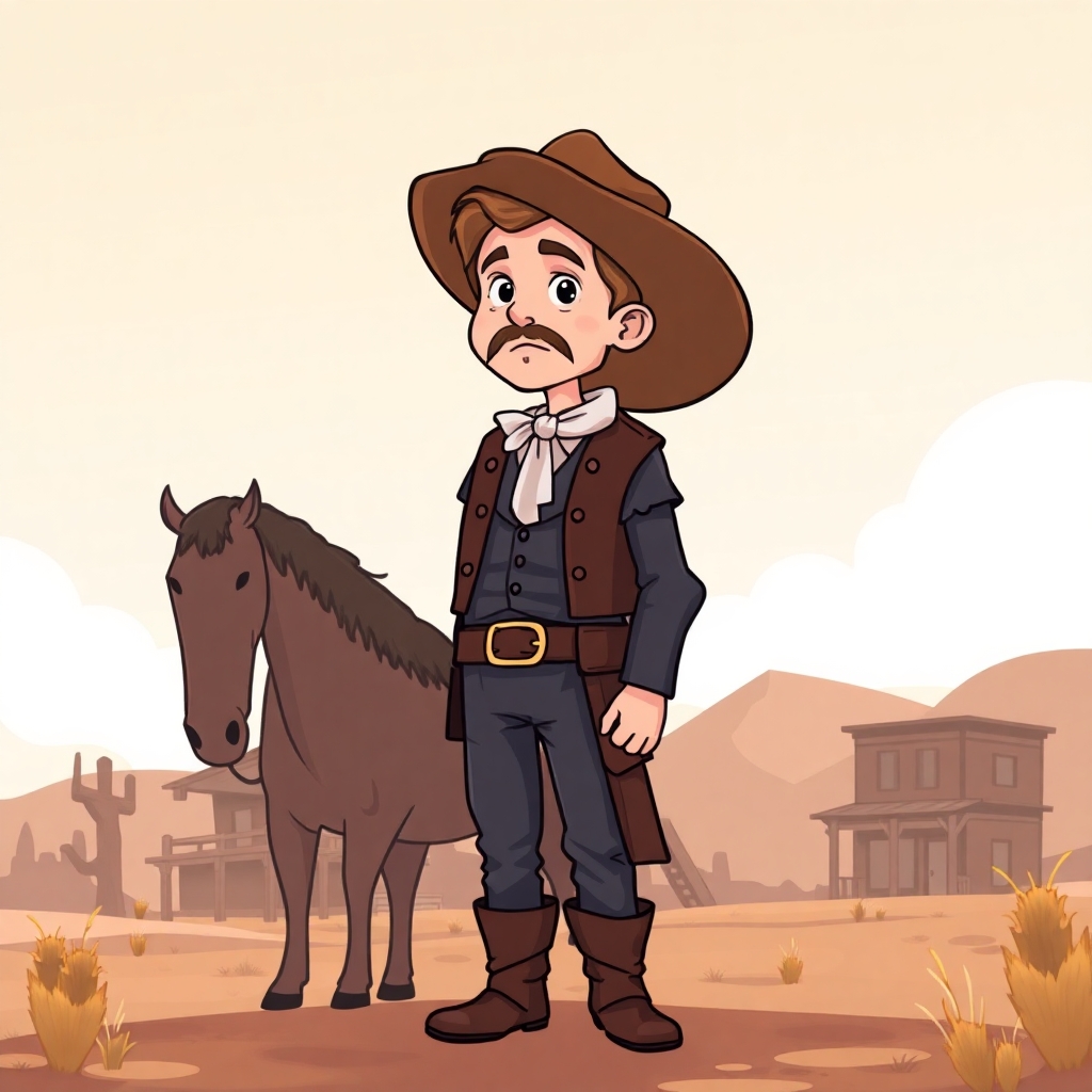 Create a cartoon drawing for a children's book of sheriff Wyatt Earp in Dodge city in 1875yes at age 11 in a prehistoric setting. This is for a children's book so make him cute, innocent and likeable for the reader to look at. https://www.imagiyo.com/images/mxkaz6Y5aJ0P/view