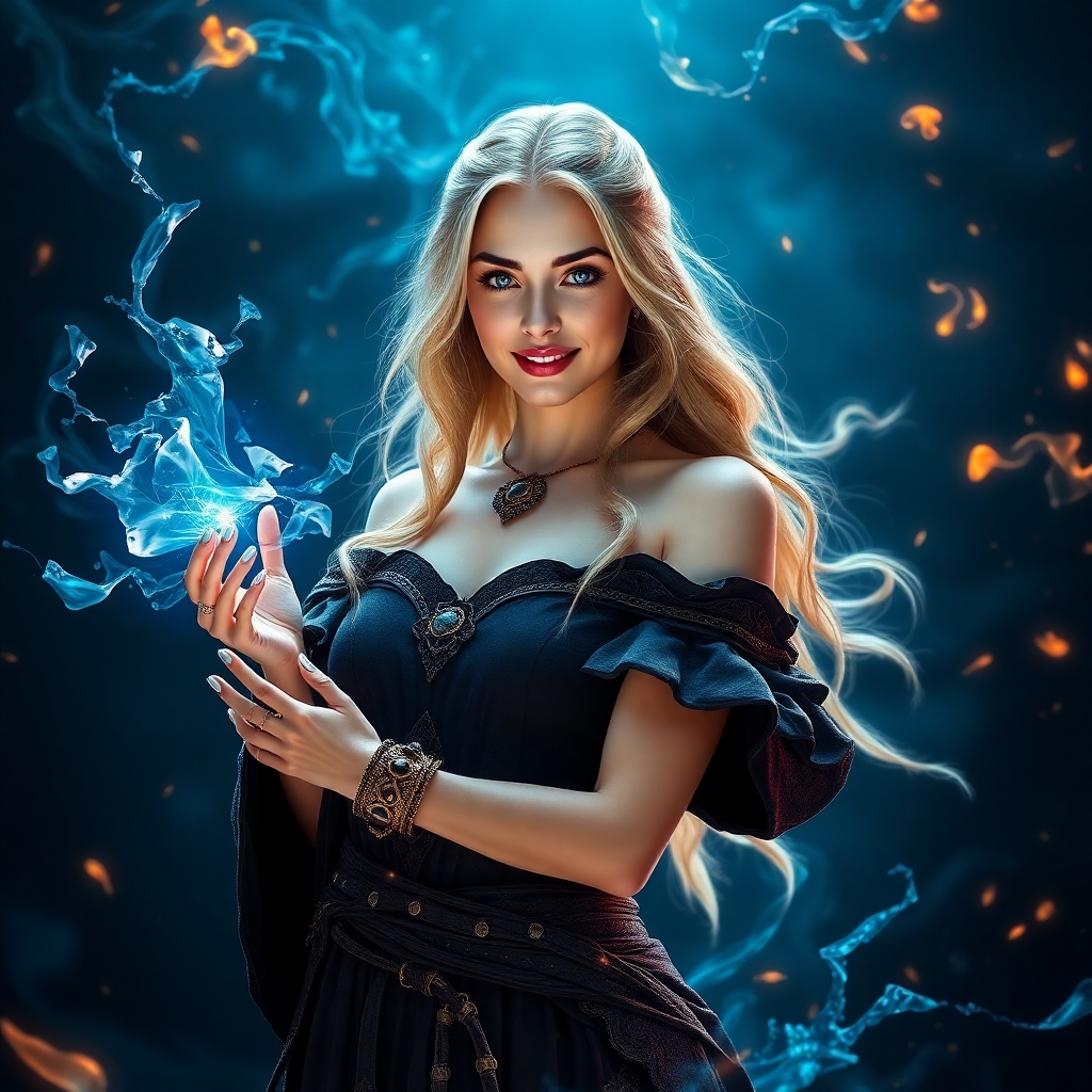 A stunning slim female wizard stands poised in a magical dark fantasy realm, casting a mesmerizing spell with elemental energies swirling around her. She wears an alluring off-shoulder costume adorned with elaborate rings, showcasing intricate details and textures. Her beautiful, fair skin glows under soft, ethereal lighting, emphasizing her enchanting blue eyes and captivating smile. Elements of fire, water, wind, and ice dance in a perfect dynamic composition, creating a breathtaking, ultra high-resolution masterpiece.