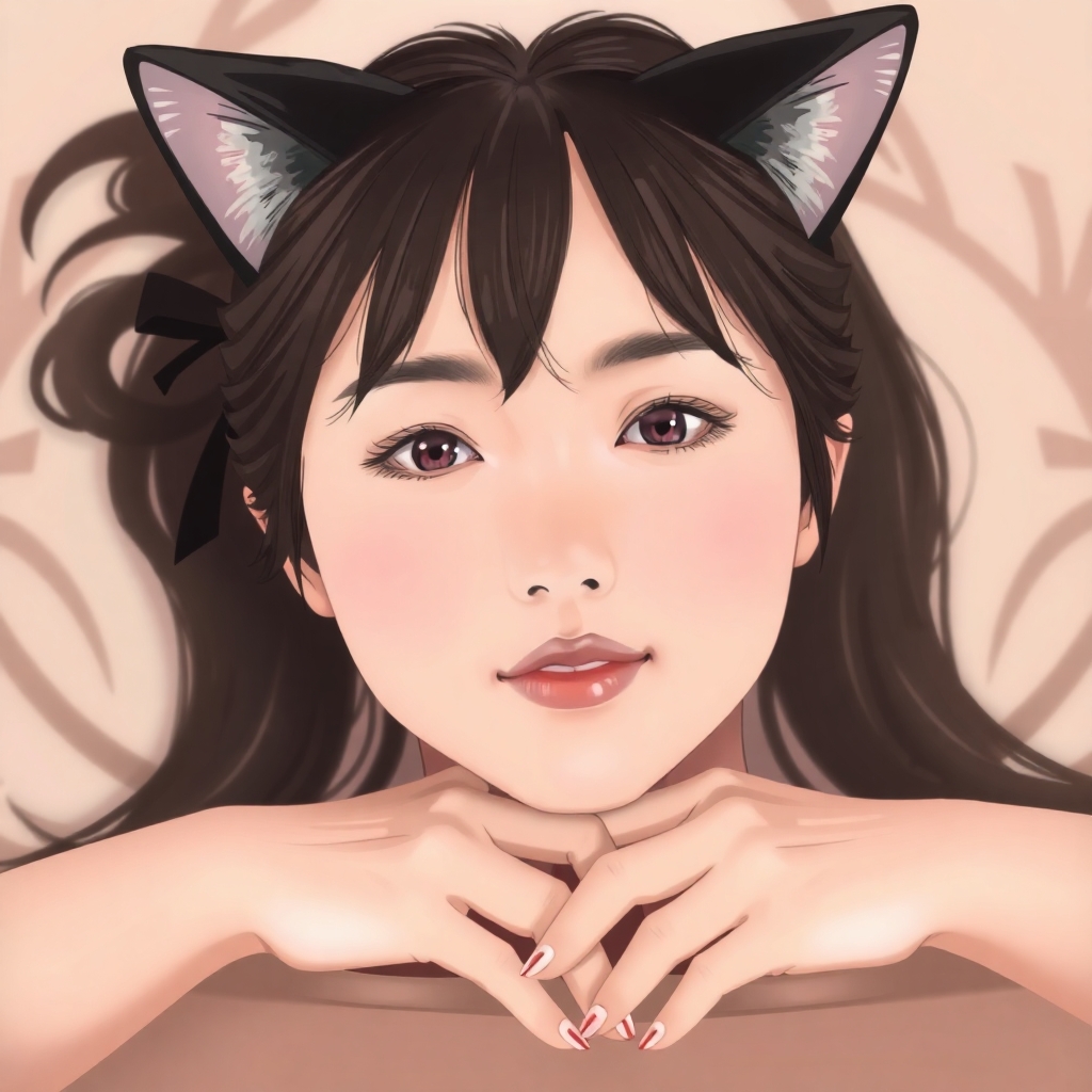 Create a Japanese young woman laying on her front wearing cat ears