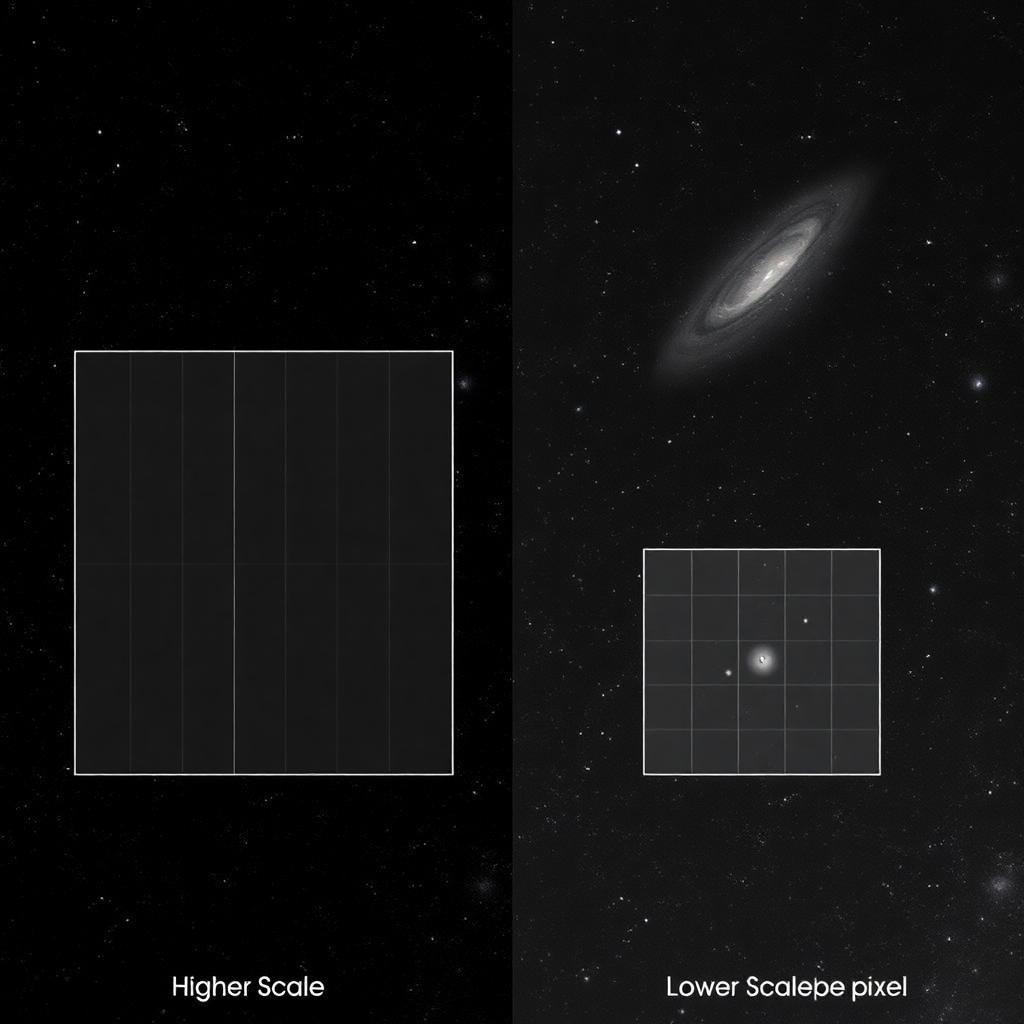 Create a Black and White image that that demonstrates image scale, resolution, and detail as a side-by-side images showing the effect of different image scales:  - **Image A (Higher Scale)**: Show a grid with larger squares (pixels) covering a wider area of the sky. Label it as having a **larger arc-seconds per pixel**.  - **Image B (Lower Scale)**: Show a grid with smaller squares (pixels) covering a smaller area of the sky. Label it as having a **smaller arc-seconds per pixel**.