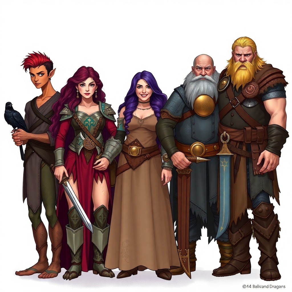 A five member dungeons and dragons adventuring party consisting of: A red-skinned thin male elven bard, an adrogynous female half-elf cleric/warlock wearing chainmail with a shadow raven familiar,  a curvy female half-elf warlock with purple hair wearing robes, a short and wide male dwarven ranger, and a very tall male half-giant barbarian/paladin.