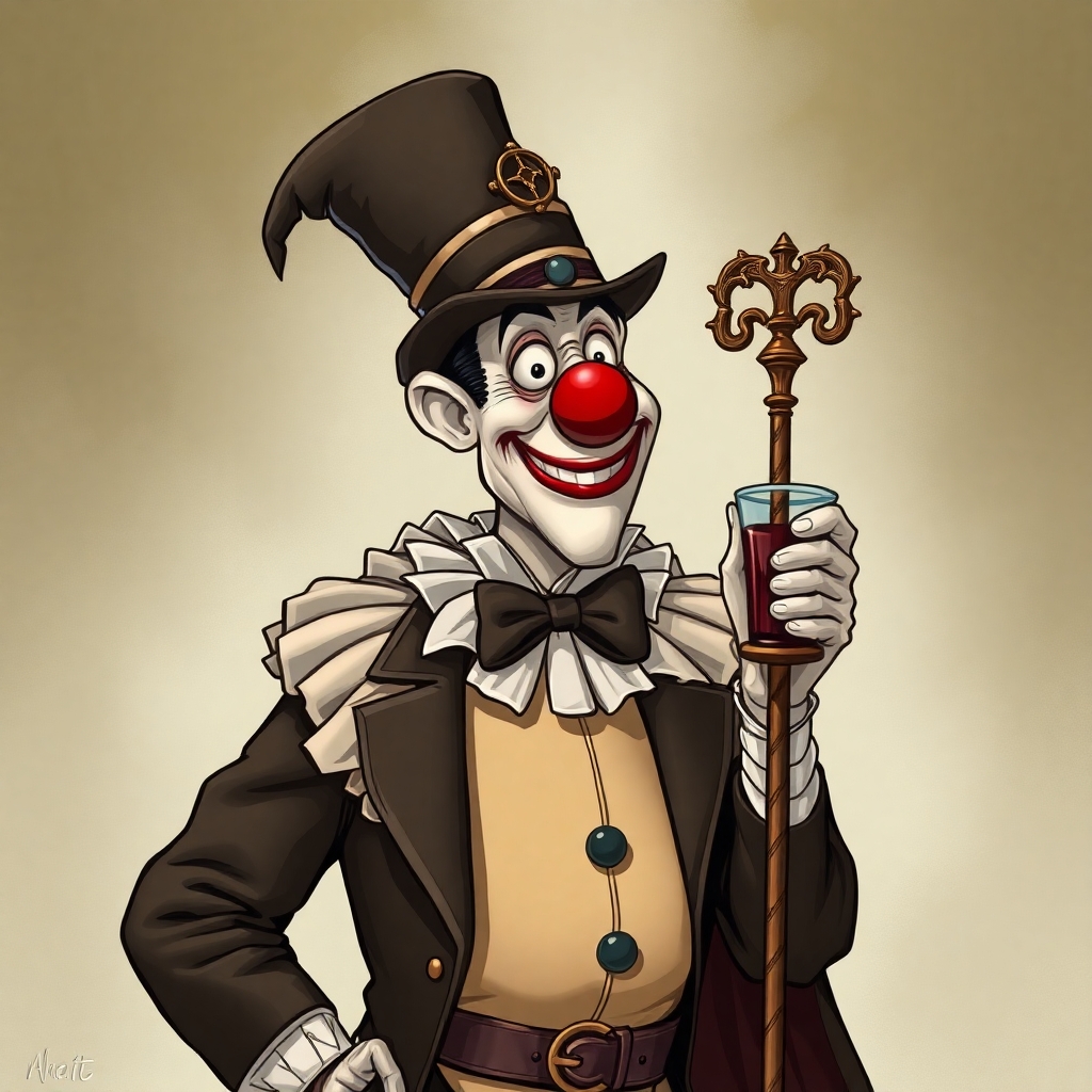 CARTOON OF STEAM PUNK CLOWN DRESSED AS A PRIEST