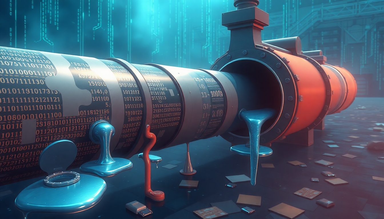 A big pipeline with several leaks where binary data leaks out, the leaks are fixed with wound dressing and plasters