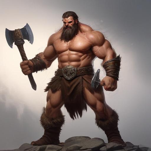 A 5E dnd charachter who is a male half-giant barbarian /paladin. He is profoundly strong, weilds a flaming axe, and wears almost no armor.