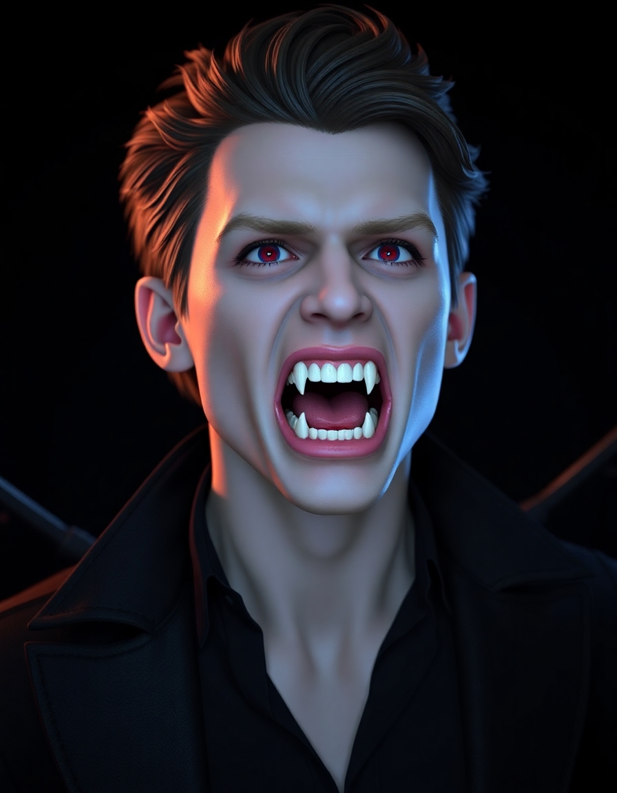Tom Holland as a vampire with fangs and a bloody mouth