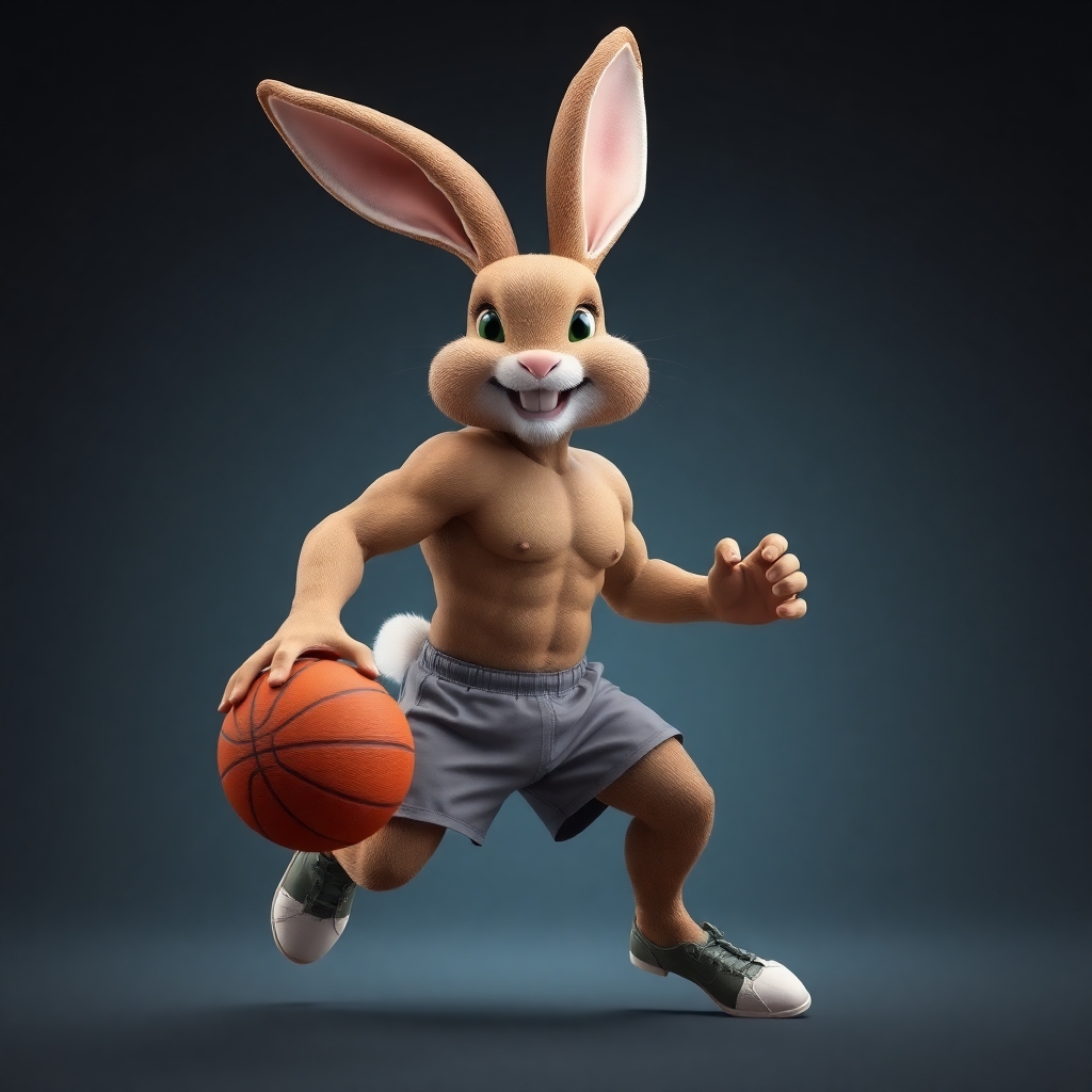 a sexy muscular rabbit playing basketball