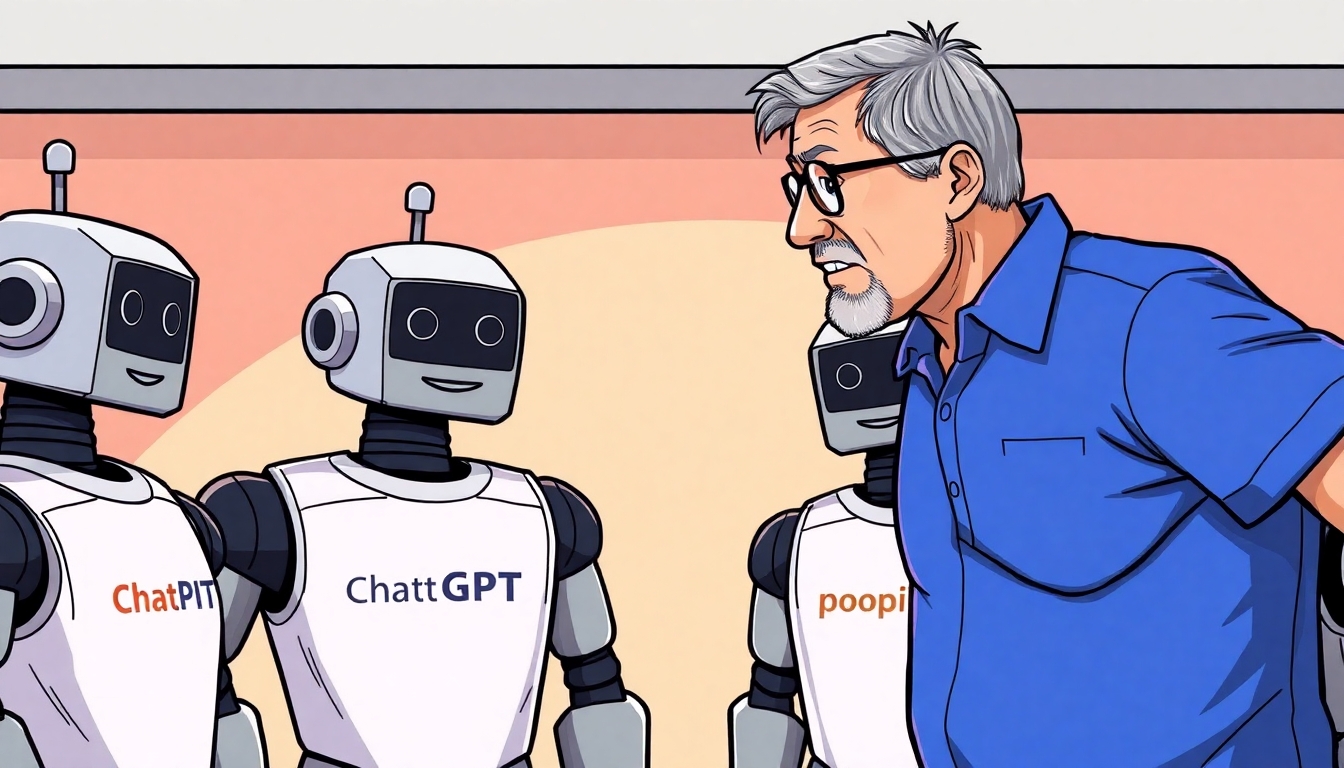 A man is wearing a blue polo shirt with slightly gray hair, a short beard, and glasses is scolding a group of robots. Each robot has a t-shirt with one of the following logos: ChatGPT, Copilot, or Perplexity.ai