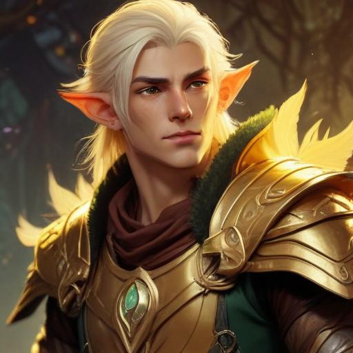 A fifth-edition dungeons and dragons characer who is a young male eladrin druid with golden luminous skin, a low strength.