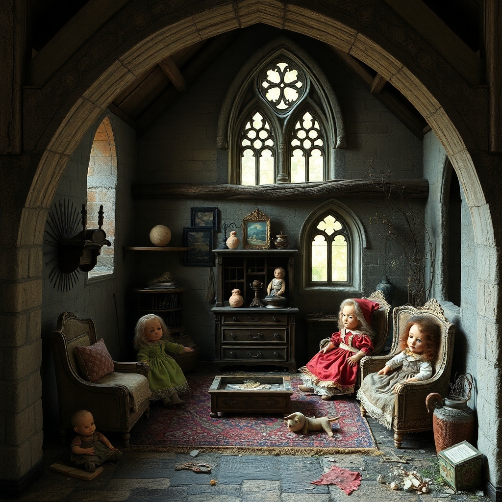 a medieval nursery inside a ruined manor with tattered dolls and a broken music box