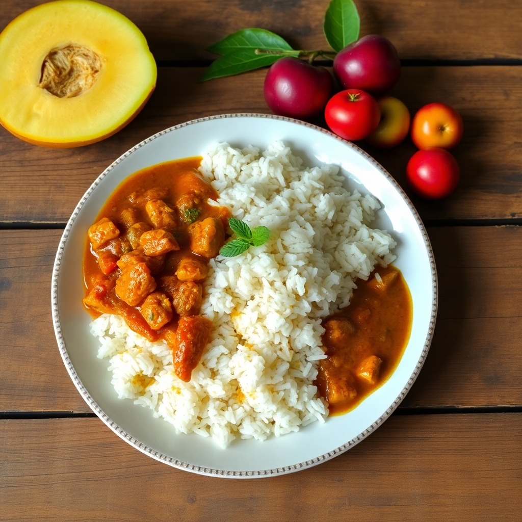 Traditional Sri Lankan rice and curry dish with seasonal fruits, on an old wooden table