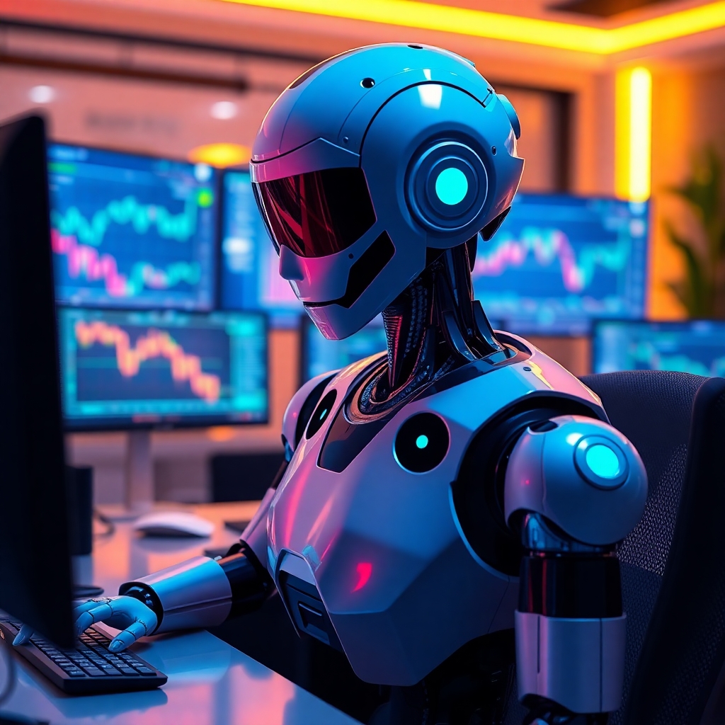 AI robot helping a person with cryptocurrency trading on multiple screens, modern office, neon ambient lighting, digital art style
