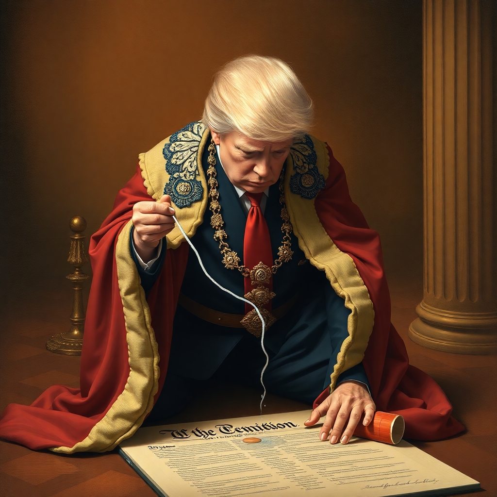An image of Trump dressed as an emperor urinating on the constitution