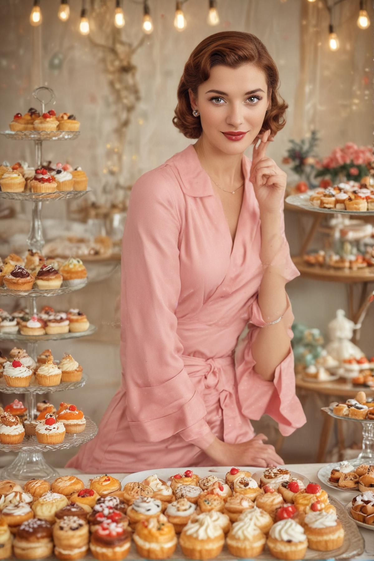 1950s style woman looking at the viewer sitting in front of a table covered with fancy pastries and cakes