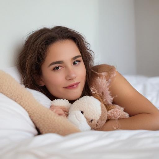young woman on a bed holding a stuffed animal