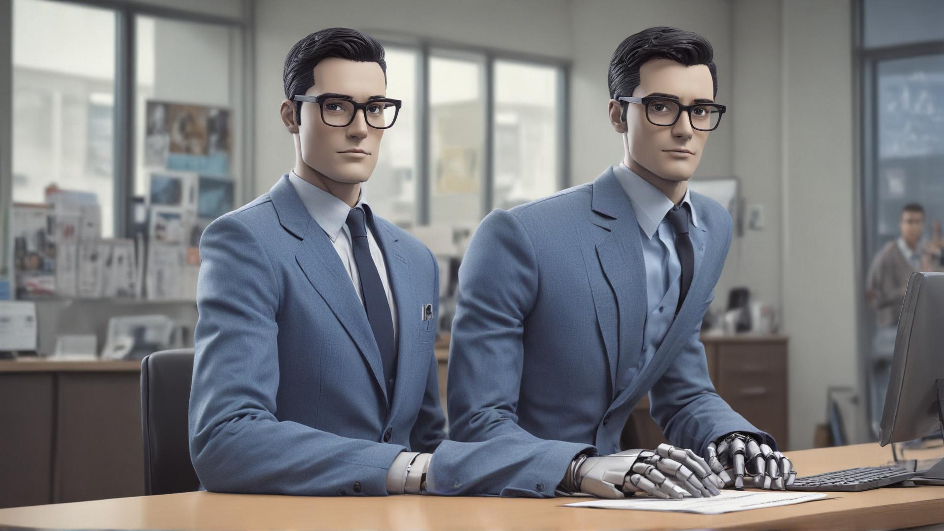 A robot is sitting behind a desk in a bank. The robot is wearing a suit. In front of the desk is customer. The customer is a man. The man has short black hair combed back, a thin beard, and some gray in both. He is wearing glasses and his clothing is jeans and a blue polo shirt.