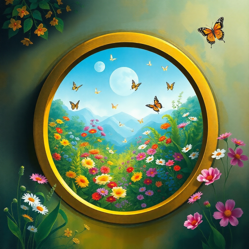 A mesmerizing artwork that seamlessly combines the mystique of a detailed keyhole outline with the vibrancy of a garden. The intricately designed keyhole frames a harmonious blend of colorful flowers and lush foliage, creating a captivating landscape within its confines. The garden comes alive with dancing butterflies, adding a touch of whimsy and movement to the serene scene. This enchanting fusion of geometric shapes and thriving nature ignites curiosity and wonder, inviting viewers to delve into the hidden mysteries hidden within the depths of this magical world. The artwork, rendered with a dreamy painting style, showcases soft brushstrokes and vibrant colors, capturing the enchanting beauty and allure of this captivating garden.