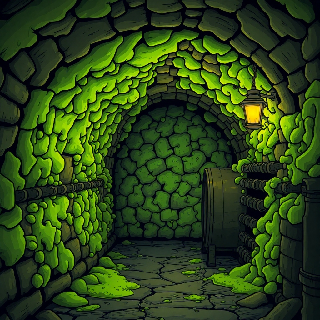 glowing green mold growing in a wine cellar covering the walls. Art style should be comic gothic.