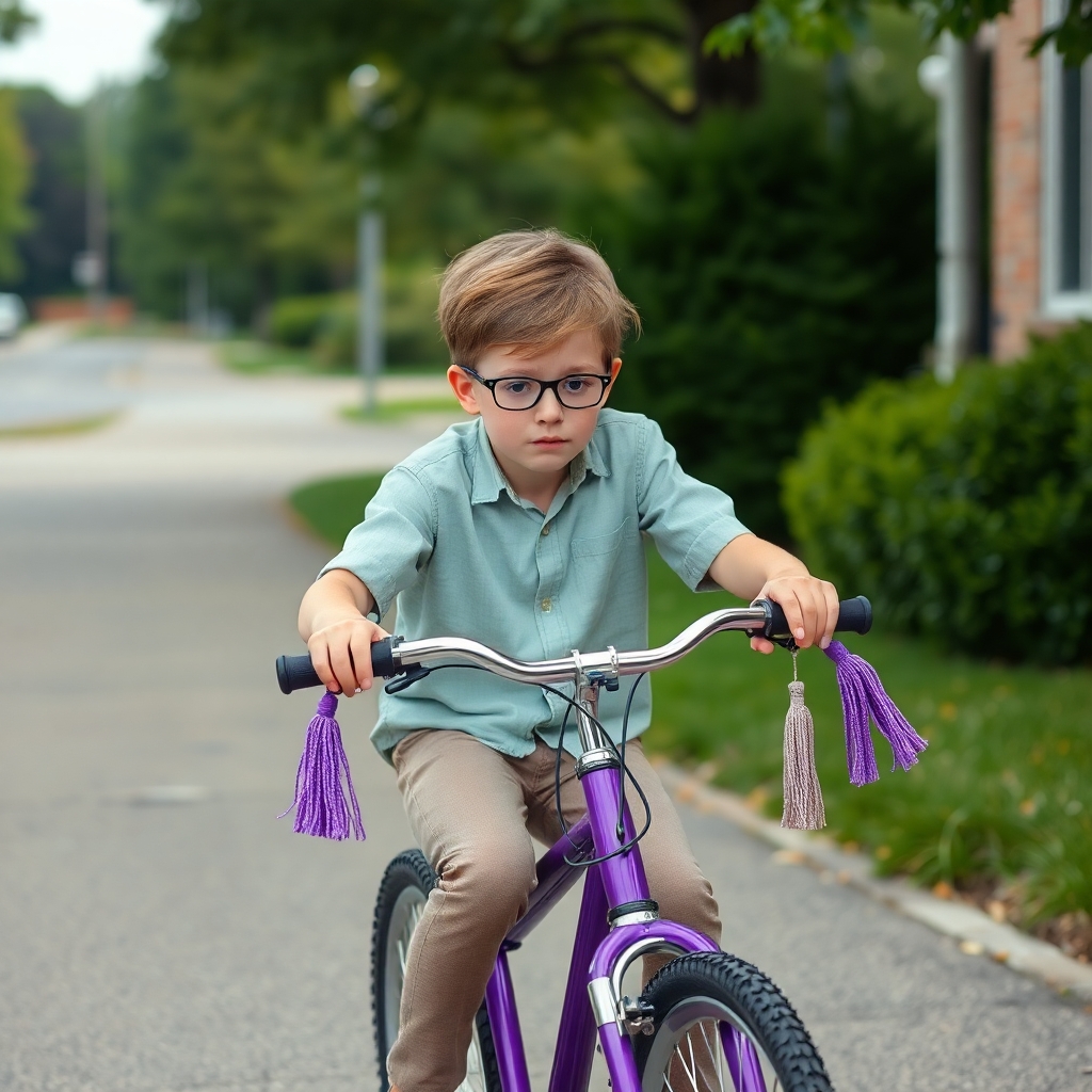 12 year old nerdy, but cowardly, white boy riding a purple huffy bicycle with tassels on the handles