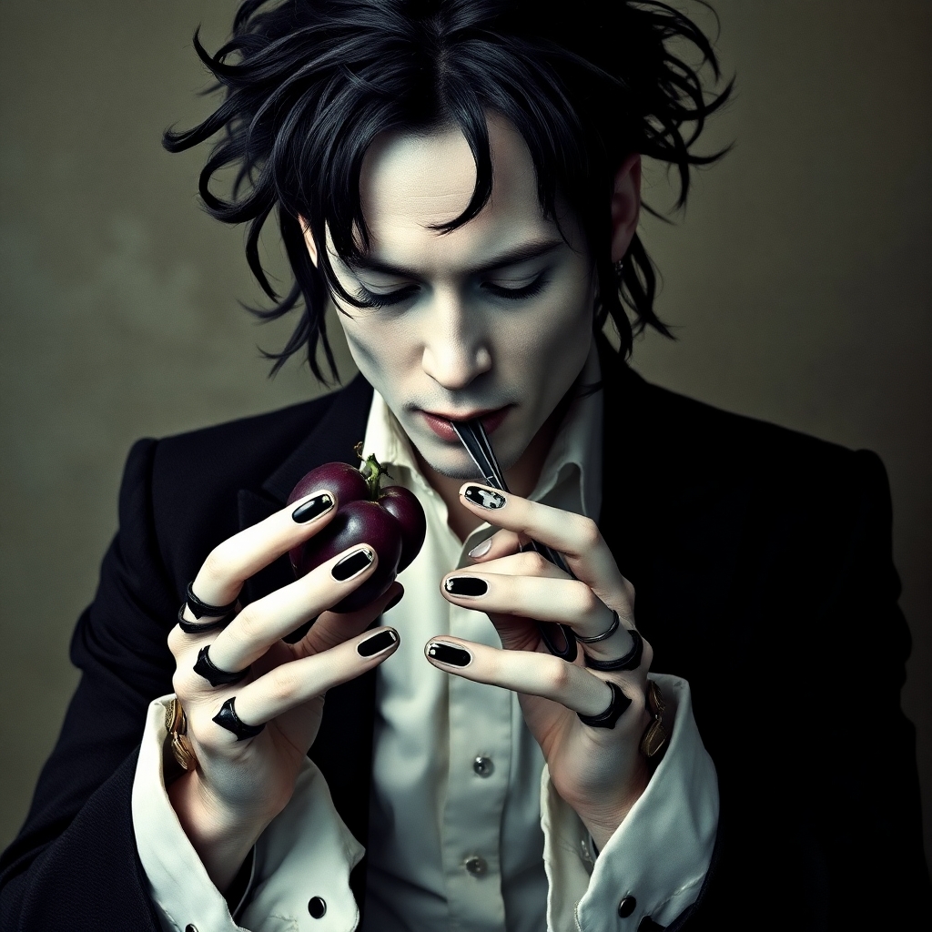 edward scissorhands mindful eating a grape johnny depp has scissors for hands white face tim burton style his hands are made of scissors he has scissor fingers and is eating a grape