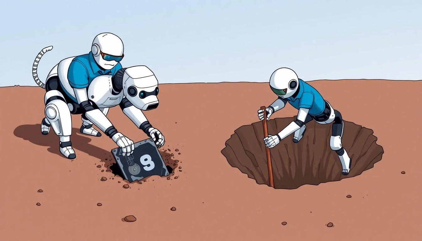 A robotic dog is digging a very deep hole to bury a computer hard drive while a robot wearing a blue polo shirt and glasses is digging a deeper hole in the ground to fill in the hole the robotic dog is making. The two holes are two meters apart from each other. Someone viewing the image will see the irony of a hole being made to fill a hole.
