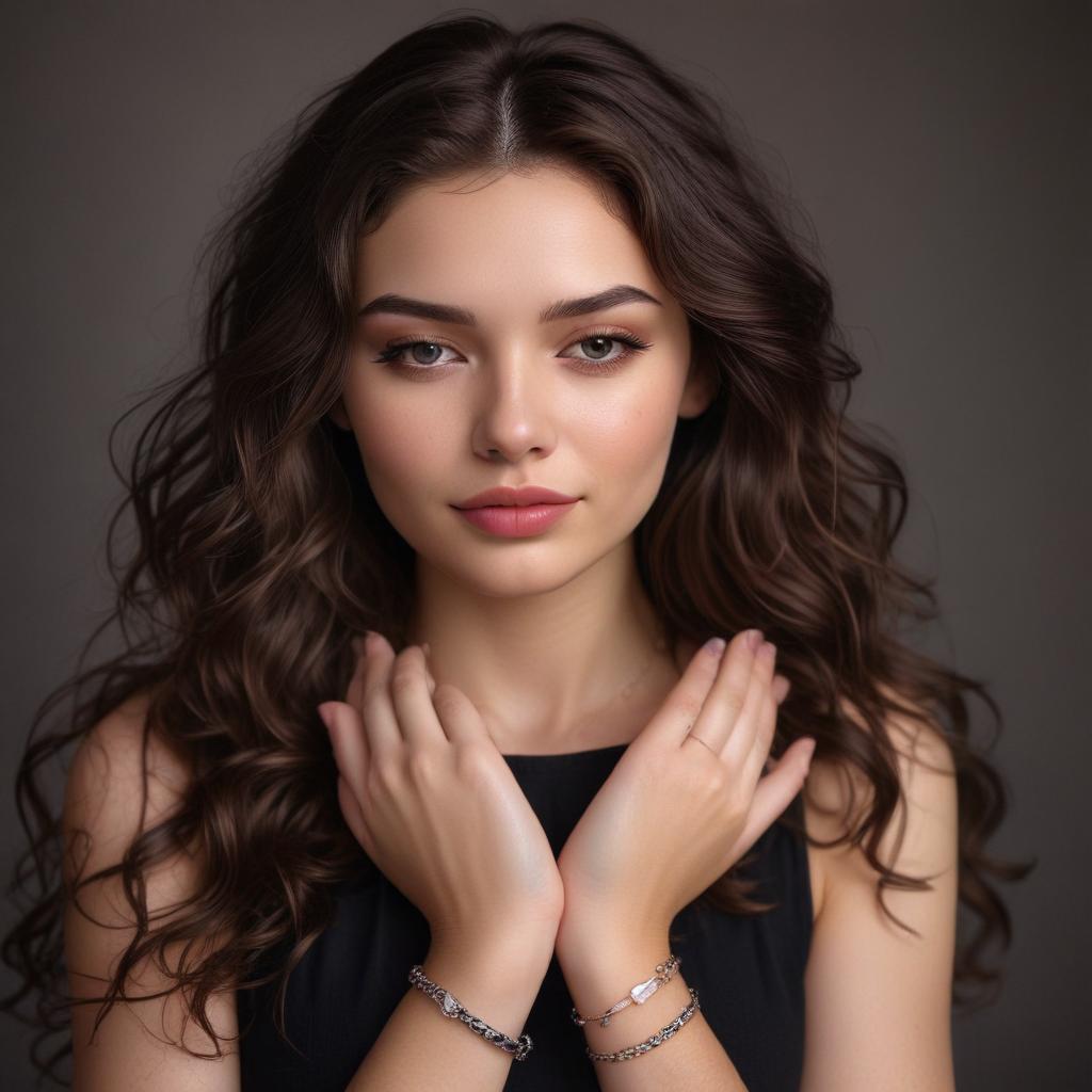 A young woman with long wavy brunette hair rests her head on her clasped hands. She wears a black top and a delicate bracelet on her left wrist. Her expression is soft and contemplative, with natural makeup and subtle pink lipstick. The background is dark and blurred, focusing on her face and hands