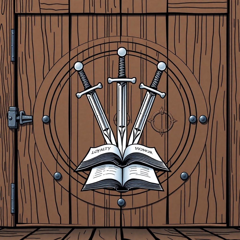 A lage sealed wooden door locked with a large sigil featuring three upside down swords over an open book. Upon the hilt of each sword is a dial containing the three words: Loyalty, Duty, Honor. Each in a different order. The art style should be comic style.