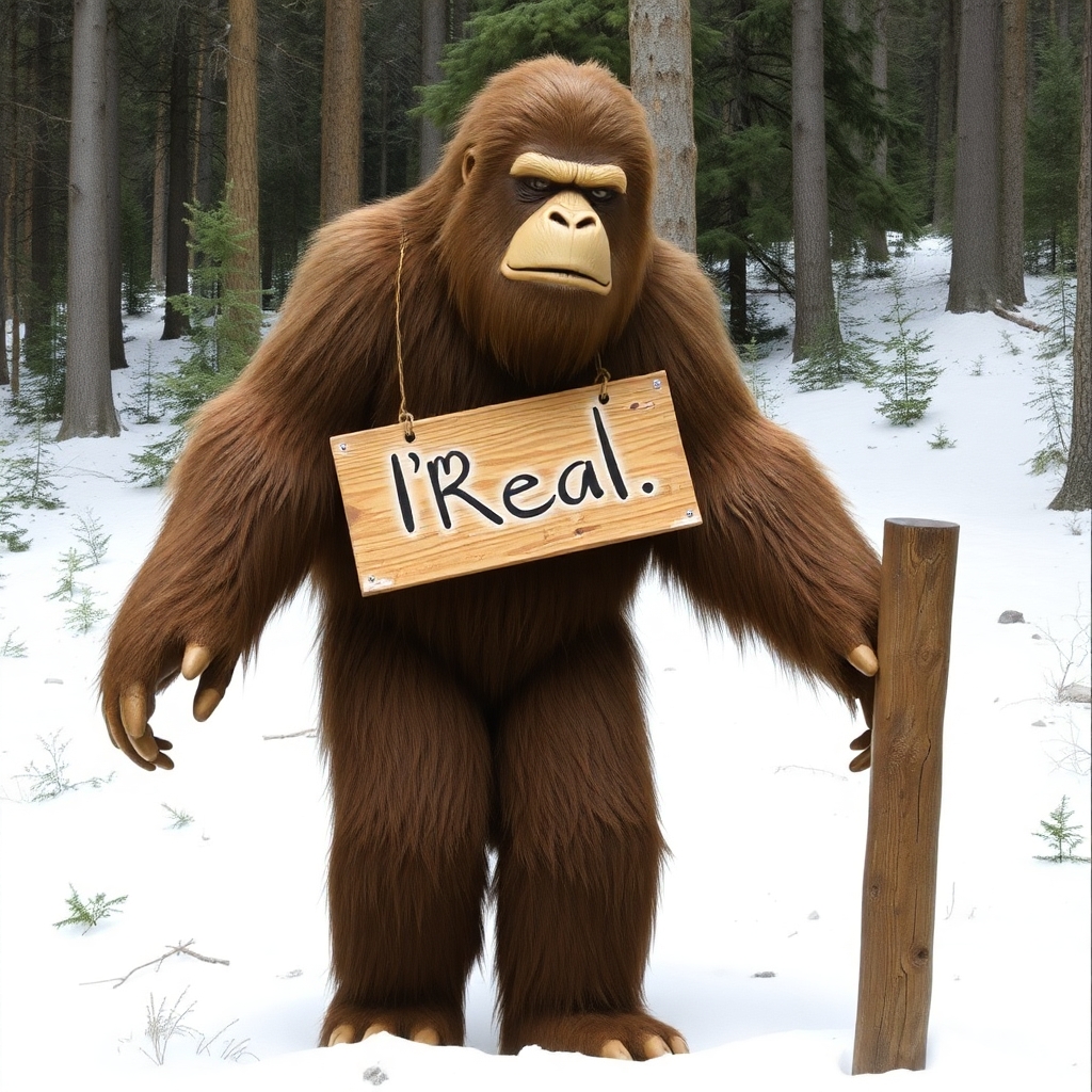 Bigfoot with sign that says, "I'm Real"