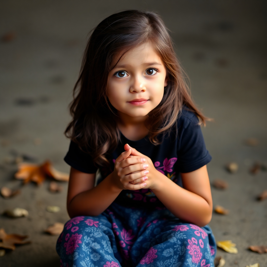 A girl sitting on the ground with folded hands