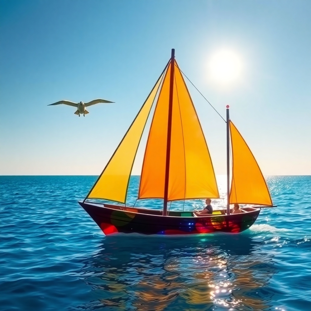 A beautiful sailing ship made of coloured glass on a sapphire blue sea. A pterodactyl flies high in the distance under a bright sun that makes everything sparkle