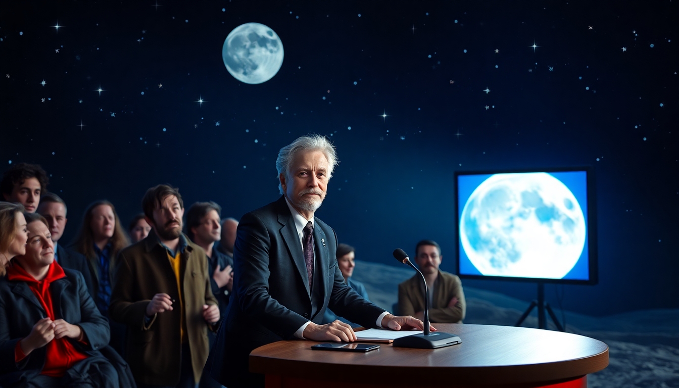 jon stewart doing his late night show on the moon surrounded by a bunch of famous people
