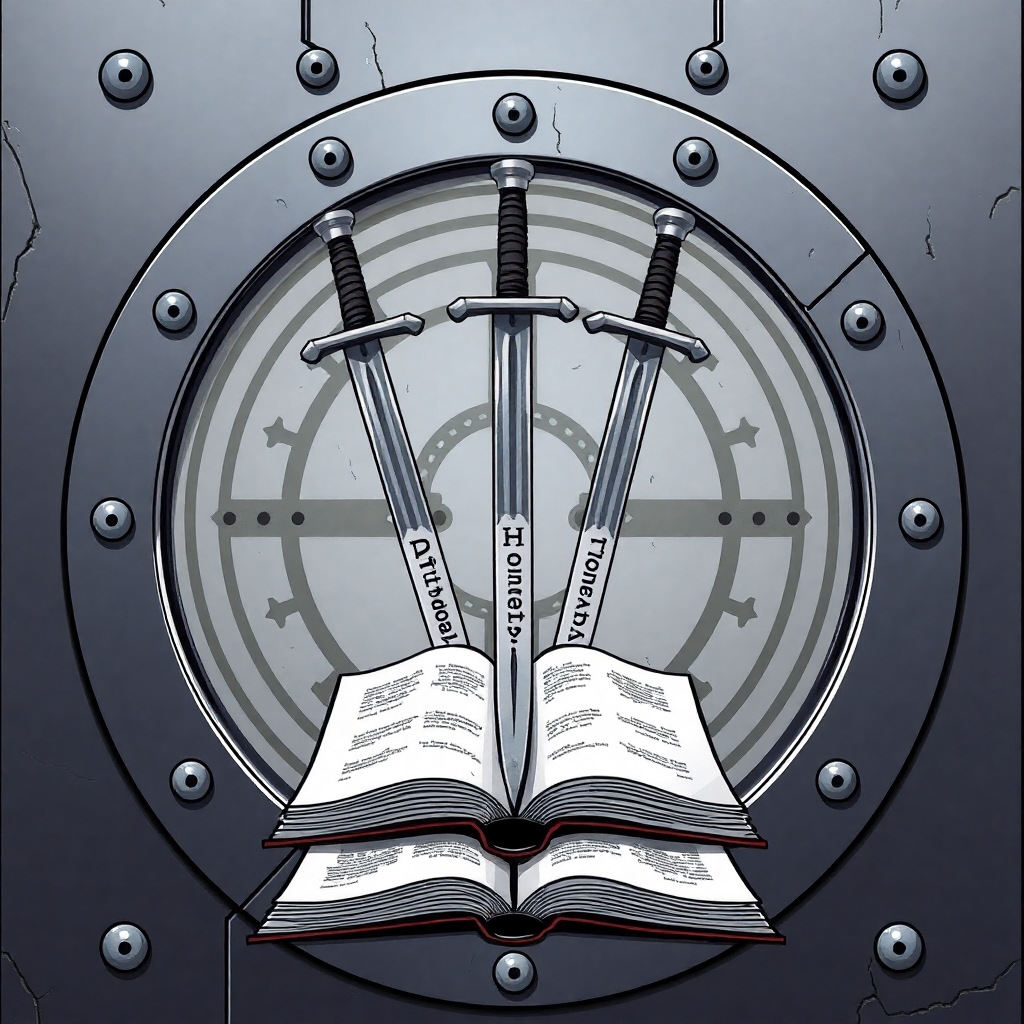 A lage sealed steel door locked with a large sigil featuring three upside down swords in front of an open book. Upon the hilt of each sword is written the words: Duty, Honor, Loyalty. Each in a different order. The art style should be comic style.