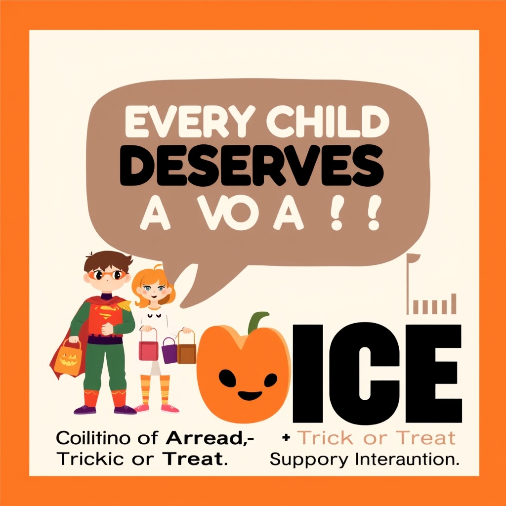 Design activism poster, bold graphic design style, high-impact awareness campaign for childhood apraxia of speech. Trick-or-treat Halloween theme with young children in colorful costumes (superhero, pumpkin, ghost, witch) standing together holding candy buckets and a large speech bubble that is partially formed or stylized as effortful. One child has a determined, proud expression while another gently supports them. Warm, hopeful mood instead of scary.   Foreground: large bold typography reading “EVERY CHILD DESERVES A VOICE” in strong sans-serif, with smaller subtitle “Childhood Apraxia of Speech Awareness” and “Trick or Treat • Support Early Intervention”. Integrate a subtle awareness symbol — a stylized open mouth or speech waves merging with a pumpkin or jack-o’-lantern.   Color palette: vibrant Halloween orange, deep black, warm purple, and soft cream. High contrast, clean layout, strong visual hierarchy, poster composition with generous negative space for readability. Flat illustration mixed with subtle texture, modern activist graphic design aesthetic, sharp edges, powerful yet child-friendly and empowering. No horror elements. Centered composition, social media and print ready, ultra detailed, crisp typography, professional campaign quality.