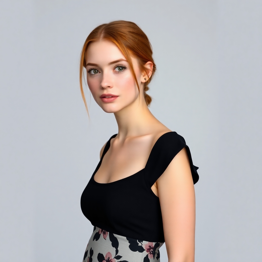 Make her. Neta is a 22-year-old Israeli woman with a fair, almost porcelain complexion and a scattering of delicate freckles across her nose and cheeks. She has a slim, toned figure with subtle curves, small perky breasts, long legs, and a softly rounded but not overly prominent backside. Her natural ginger hair is straight and reaches just past her shoulders, often tied back loosely in a casual bun that leaves a few strands free. Her eyes are a light green, expressive and slightly shy, framed by light, natural eyebrows. Her lips are full but understated, with a soft natural pink hue. She typically wears minimal makeup—perhaps a touch of blush, a clear lip gloss, and lightly defined lashes. Her style is clean and minimal, often leaning toward modest yet form-fitting clothing such as simple black dresses or floral summer dresses paired with classic heels, like her favorite black Christian Louboutin sandals. There’s an effortless elegance in her appearance, a quiet mix of innocence and grace. Full body image, wearing stiletto high heels, black with delicate straps